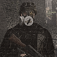 Pixelated portrait of Pira wearing a gas mask